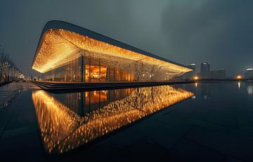 Waterreflecties van moderne architectuur van fernlichtsicht