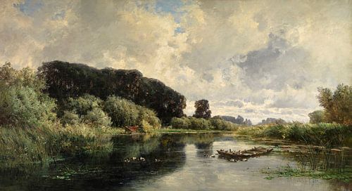 Carlos de Haes~Bloem eenden in de vijver, landschap van vijzelbossen, antiek landschap