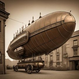 Un zeppelin steampunk avec un véhicule steampunk avant le décollage sur Jens Sprengel