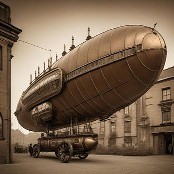 A steampunk zeppelin with a steampunk vehicle, ready for take-off