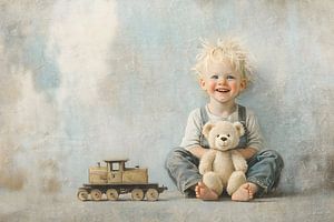 Boy with teddy bear and railway