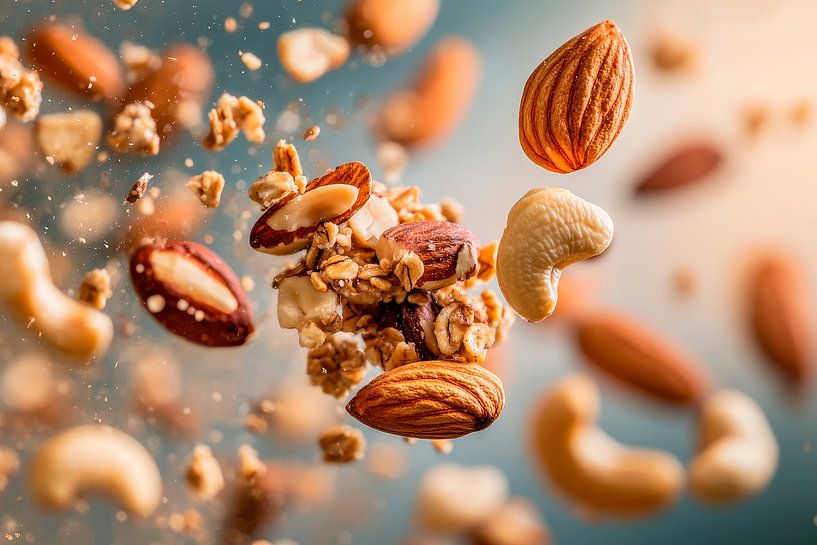 Nuts and snacks in a floating arrangement by Poster Art Shop