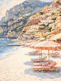 Amalfi coast with pink beach umbrellas by IamHome Studio