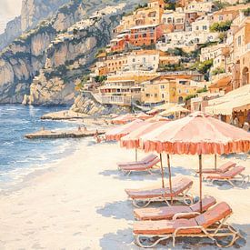 Amalfi coast with pink beach umbrellas by IamHome Studio