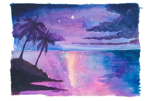 Ciel étoilé à Hawaï avec palmiers et embrasement de la mer