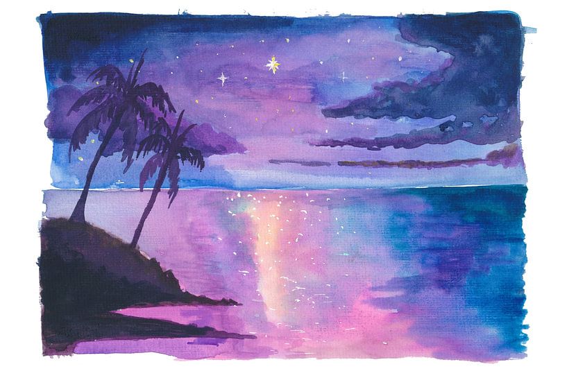 Starry sky in Hawaii with palm trees and sea glow by Markus Bleichner