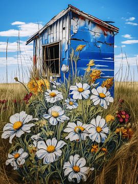 Verloren plaats blauwe hut witte bloemen veld natuur surrealistisch van gm_designs