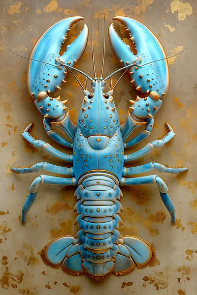 Lobster Luxe - Sommerlicher cyanfarbener Ibiza-Hummer auf goldbeige von Marianne Ottemann - OTTI