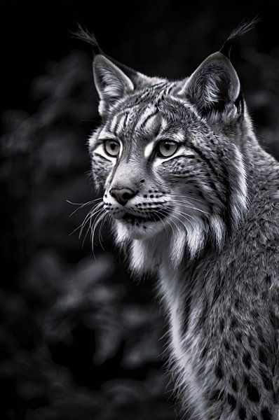 Zwart-wit lynx portret in natuur van Art & Soul Creations
