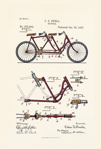 Vintage-Tandem-Patent von 1897 – Technische Zeichnung auf altem Papier