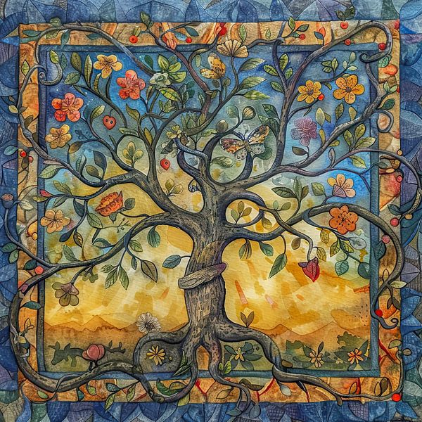 Aquarelle de l'arbre de vie de l'été par Vlindertuin-Art