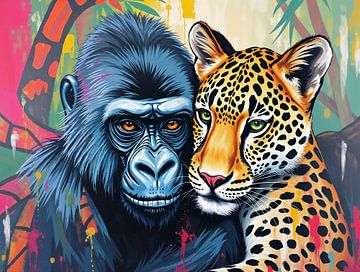 Beste vrienden als familie - Gorilla en luipaard - Tierwelt #81 van Liona Toussaint