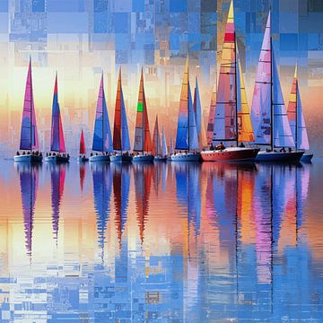Sailboats in digital pixel pattern-01