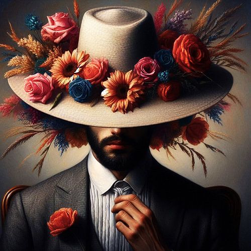 Portret van een man met een hoed en bloemen