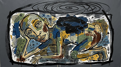 Portrait abstrait néo-expressionniste - Perdu dans ses pensées