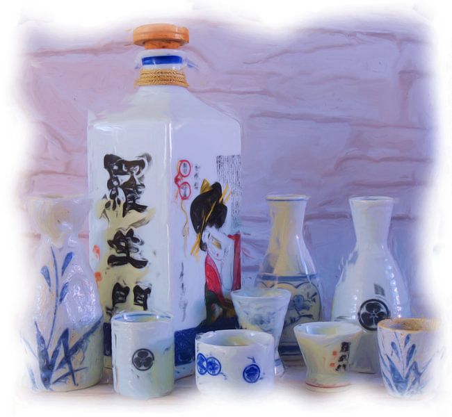 Stilleven Japanse sake flessen en kopjes van Maurice Dawson