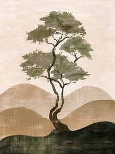 Minimalistische Japandi-Landschaft mit Baum und Hügeln