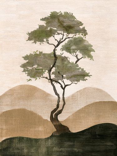 Paysage minimaliste de style Japandi avec un arbre et des collines