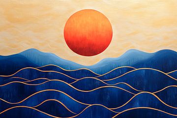Lever de soleil sur des vagues bleues sur Poster Art Shop