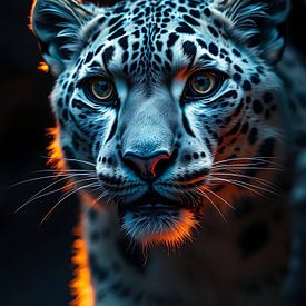 Léopard des neiges en bleu nuit – Portrait animalier de luxe sur okta rendy