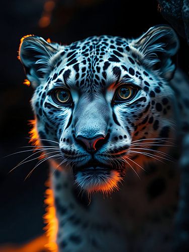 Sneeuwluipaard in middernachtblauw – Luxe portret van een wild dier