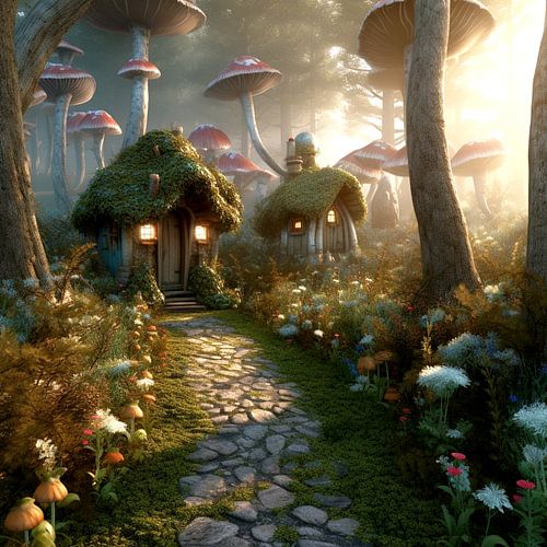 Sprookjesbos Paddenstoelenhuizen Betoverd stenen pad Fantasie Natuur