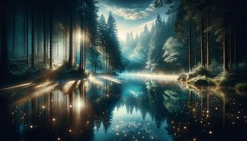 Betoverende nachtelijke weerspiegelingen in het bosmeer van artefacti