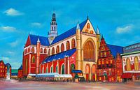 Schilderij Haarlem Grote Markt met Grote Kerk (St. Bavokerk) van Kunst Kriebels thumbnail