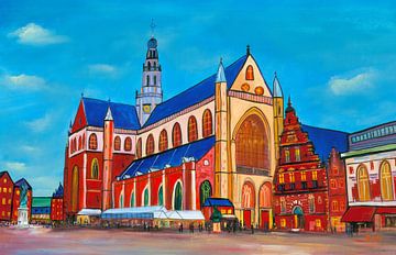 Schilderij Haarlem Grote Markt met Grote Kerk (St. Bavokerk) van Kunst Kriebels