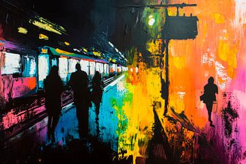 Kleurrijke stationsscènes bij nacht van Poster Art Shop