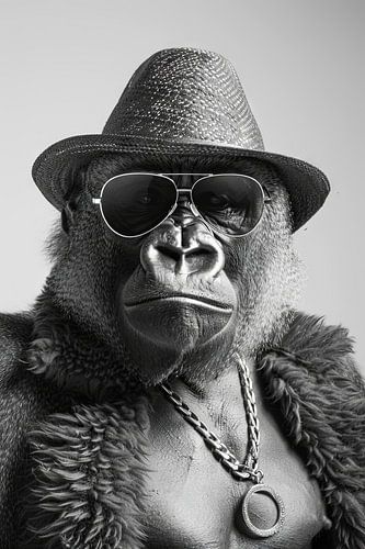 Modieus geklede gorilla met zonnebril en hoed