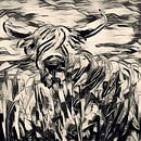 Ink art - stoere schotse hooglander in beige zwart 1 van 3 van Emiel de Lange thumbnail