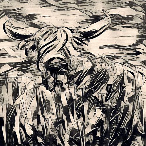 Ink art - stoere schotse hooglander in beige zwart 1 van 3