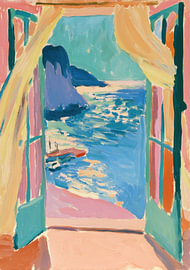 Ausblick durch das offene Fenster auf die blaue Meeresbucht von Niklas Maximilian