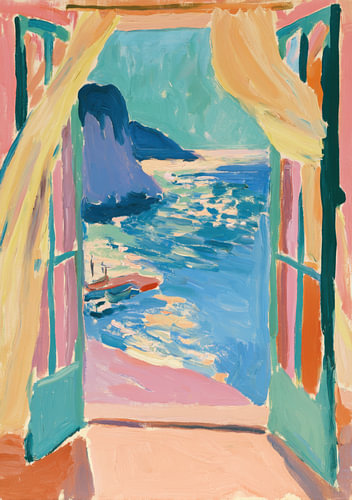 Ausblick durch das offene Fenster auf die blaue Meeresbucht von Niklas Maximilian