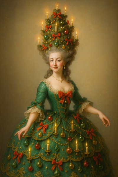 Rokoko-Weihnachtsporträt mit grünem Kleid, Kerzen und klassischen Ornamenten von But First Framing