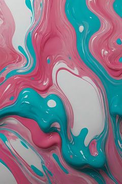 Abstraction fluide en rose et turquoise sur De Muurdecoratie