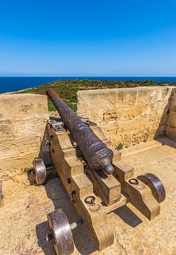 Zicht op oud kanon aan de kust van het eiland Mallorca, Spanje van Alex Winter