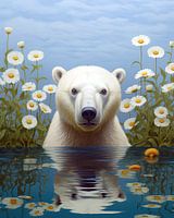 Metaphoric Reverie: A Polar Bear's Aquatic Oasis Amidst Daisies