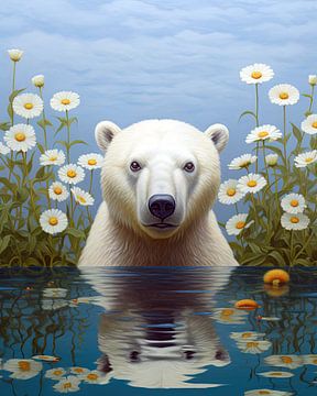 Metaforische mijmering: Een ijsbeer's waterige oase te midden van madeliefjes van Vincent Monozlay