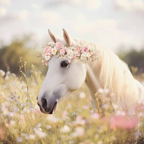 Elegant paard in een bloemenveld van Poster Art Shop