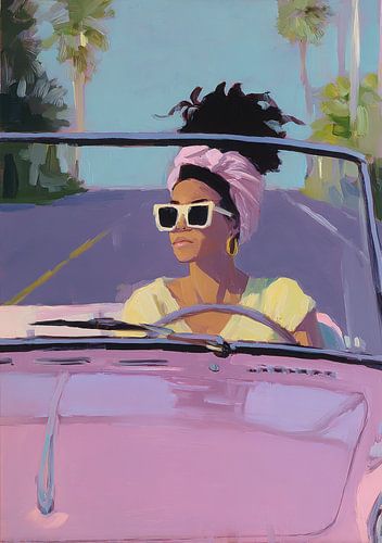 In a pink convertible under palm trees