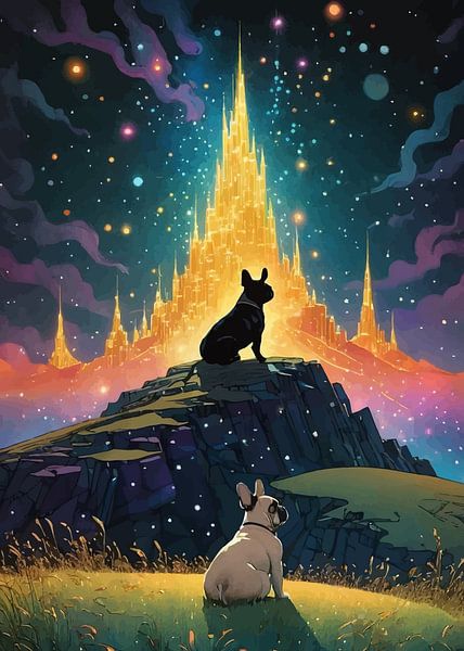 French Bulldog Dogs and Golden Cityscape by MIROKKU