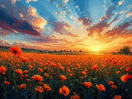 Coucher de soleil flamboyant au-dessus d'un champ de coquelicots sur Joseph S Giacalone Photography