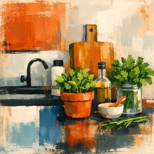 Nature morte rustique aux herbes dans la cuisine