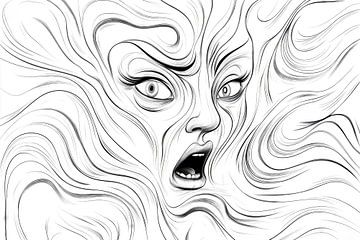 Zwart-wit illustratie van een schreeuwende vrouw van Frank Heinz