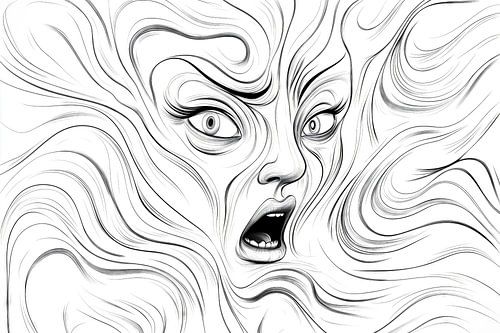Zwart-wit illustratie van een schreeuwende vrouw