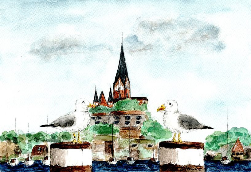 Flensburger Hafen mit Möwenmotiv an der Hafenspitze von Sandra Steinke