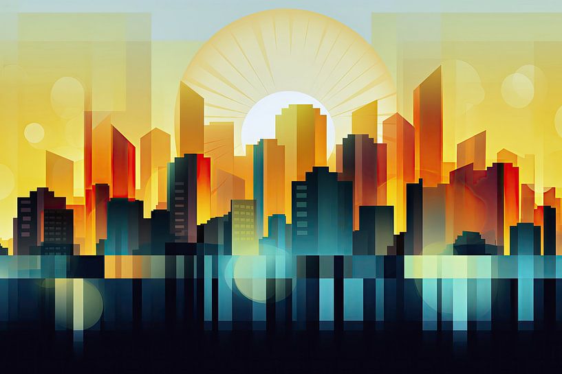 Colourful city scene with sunrise by Frank Heinz