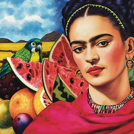Frida Kahlo avec un perroquet et un fruit sur Karen Nijst